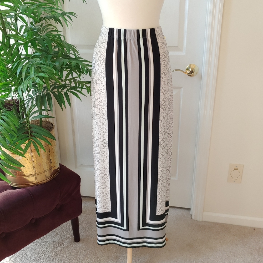 Cato Striped Floral Pattern Maxi Skirt Black Grey White Medium